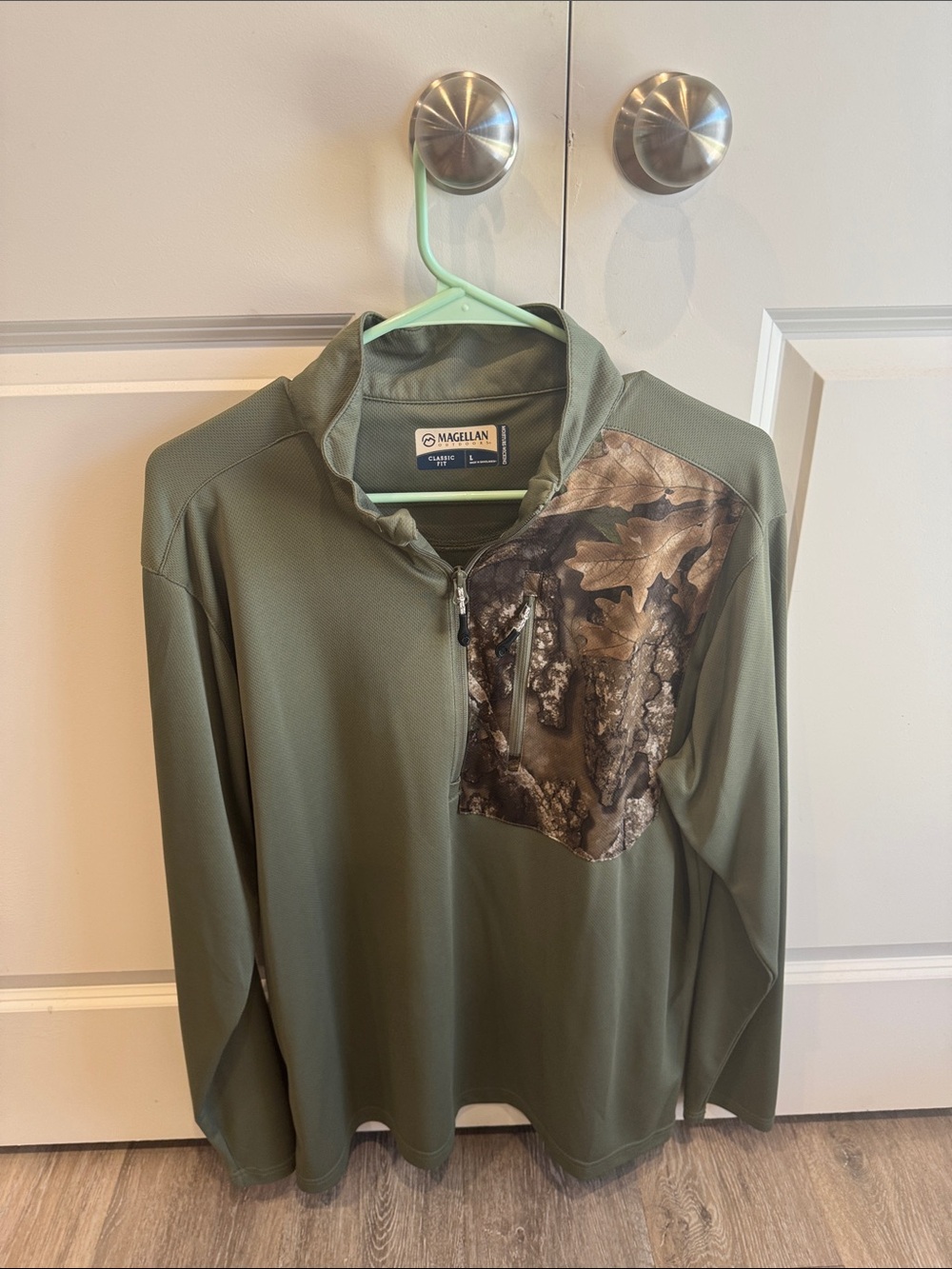 Magellan Outdoors Olive Green Long-Sleeve Quarter-Zip with Camo Chest
